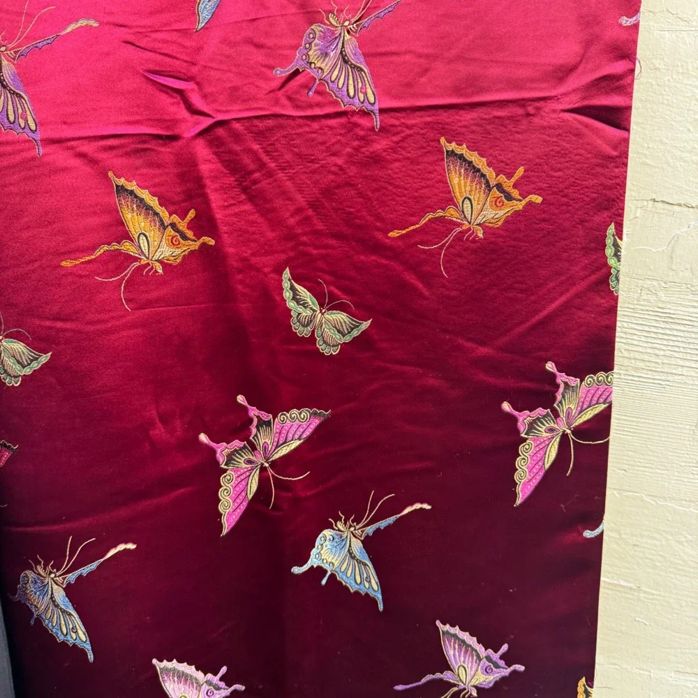 Vintage Butterfly Table Runner Burgundy Red Embroidered Tassel Chinoiserie 78
